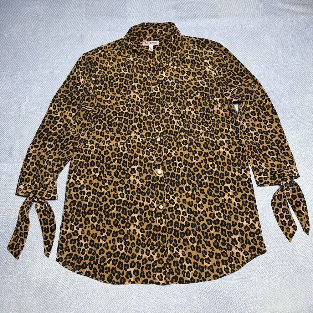 Juicy Couture Leopard Print Silk Tie 3/4 Sleeves Button Front Tunic Blouse Sz 0